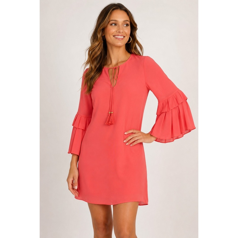 Vince Camuto Women's Coral Chiffon Float Dress With Pleated Sleeves Size 6